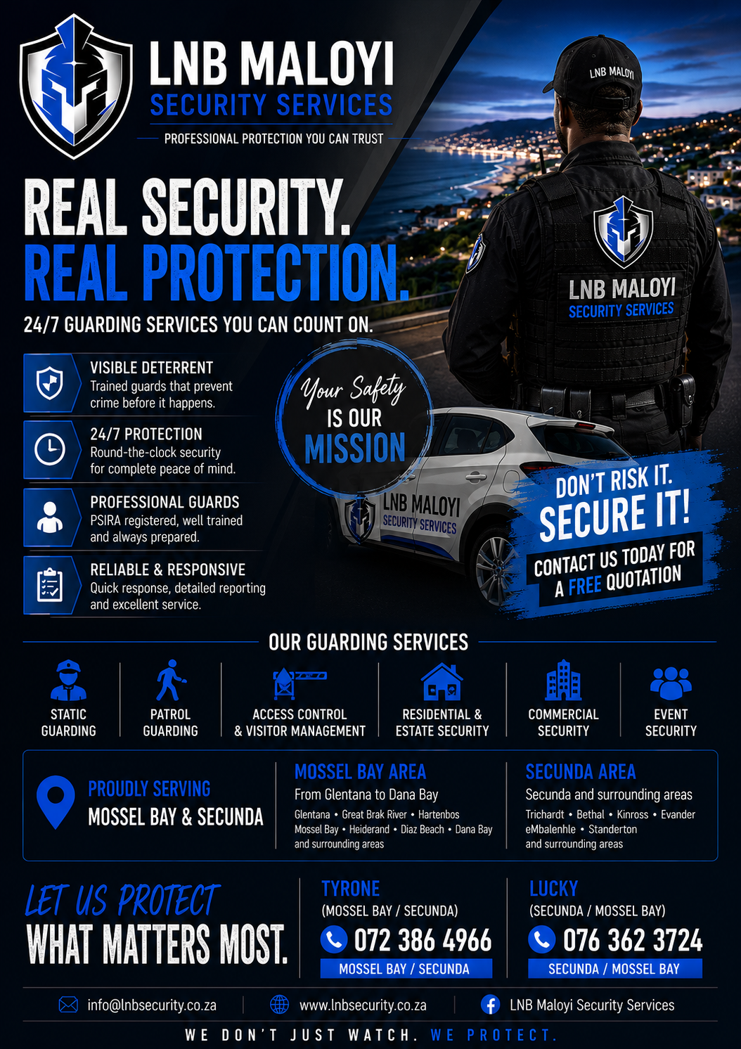 LNB Maloyi security services promotional artwork showing a uniformed guard